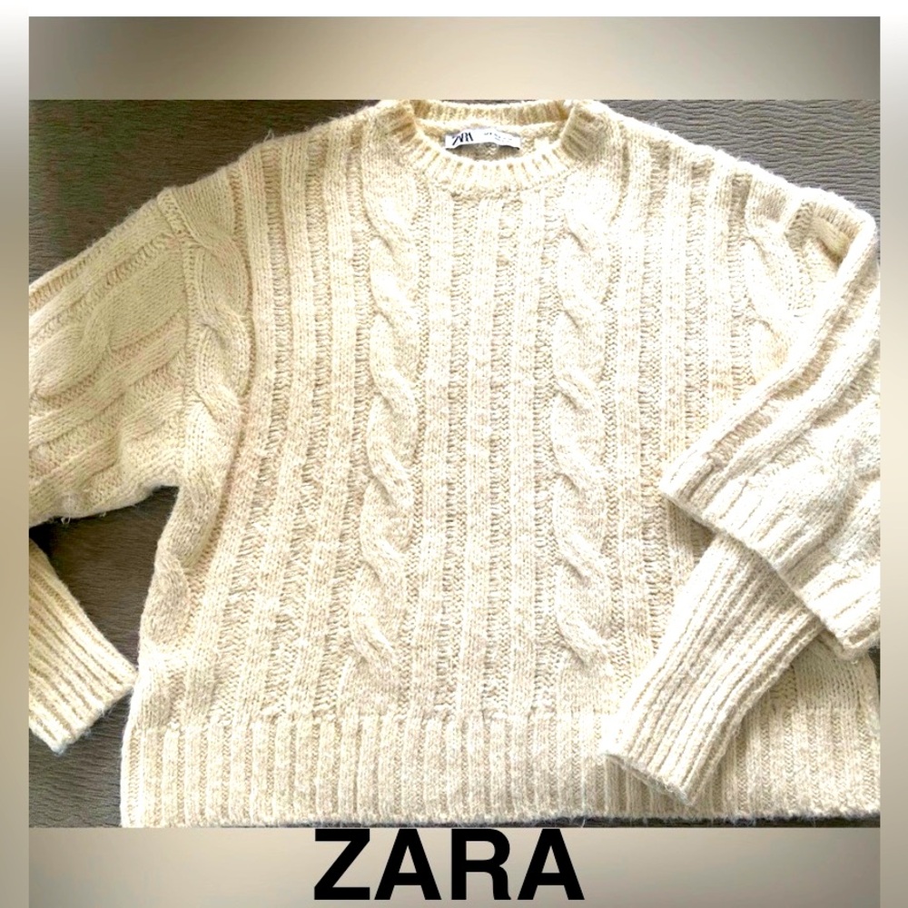 Zara Cream Cable Knit Layered Sleeve Sweater - Size M